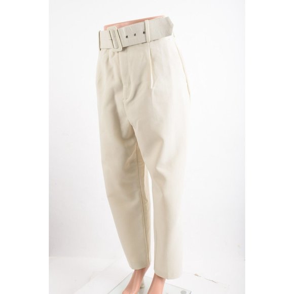 Zara High Waisted Belted Ankle Pants Trousers L Ivory Ecru 1478/430 - Picture 3 of 6